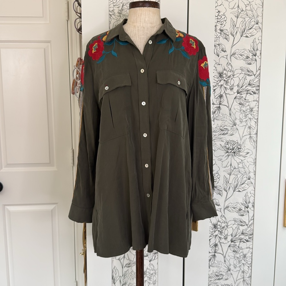 Floral embroidered button down utility shirt